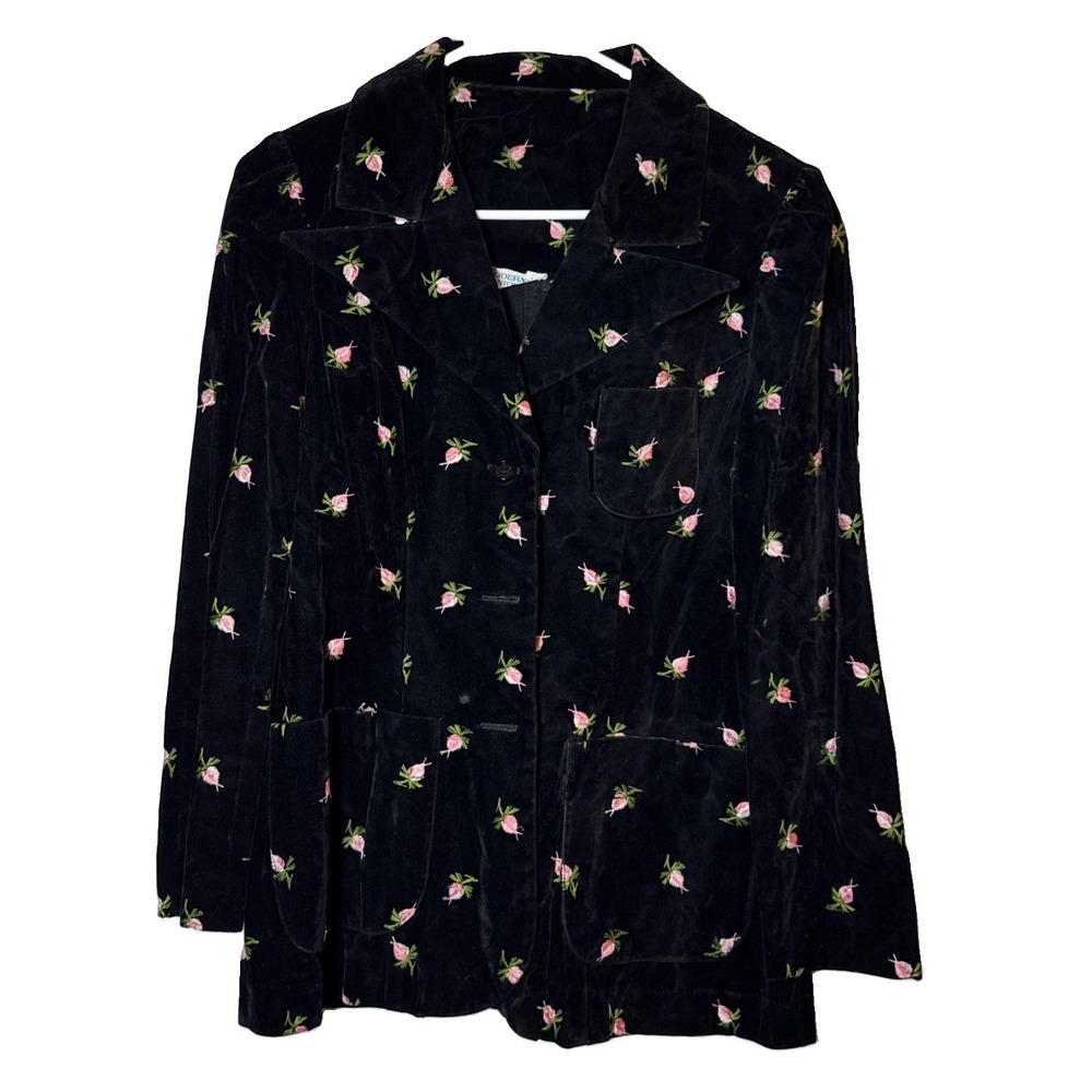 VTG Modern Juniors Black Velvet Embroidered Rosebud Blazer Jacket XS Cottagecore